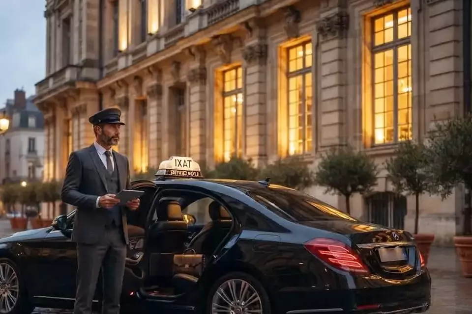 Taxi Lille Loos : chauffeur en tenue près d’un taxi noir stationné sur une place pavée
