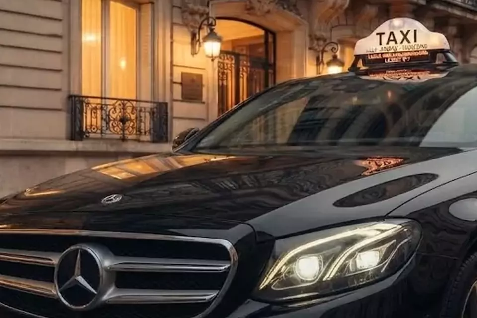 Taxi Lille Lumbres : berline noire avec enseigne taxi devant une façade éclairée