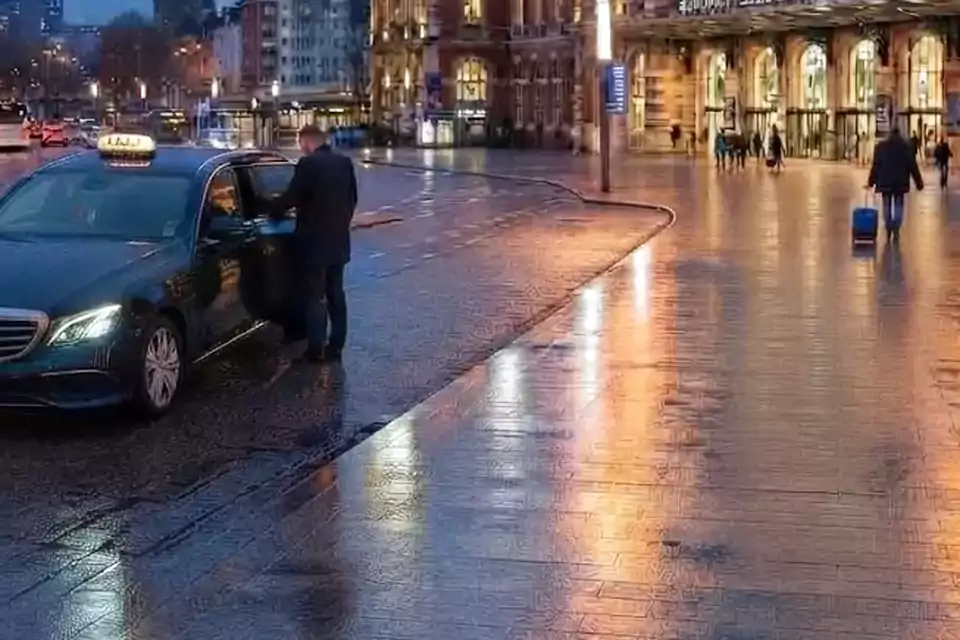 Taxi Lille Lys-lez-Lannoy : chauffeur ouvrant la portière d’un taxi devant une gare