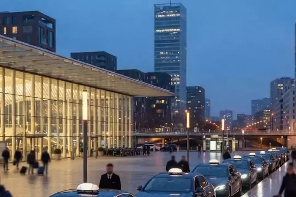 Taxi Lille Marcoing : file de taxis noirs à la sortie d’une gare le soir