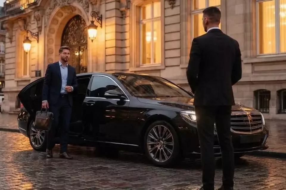 Taxi Lille Marly : chauffeur et client devant un taxi noir en centre-ville