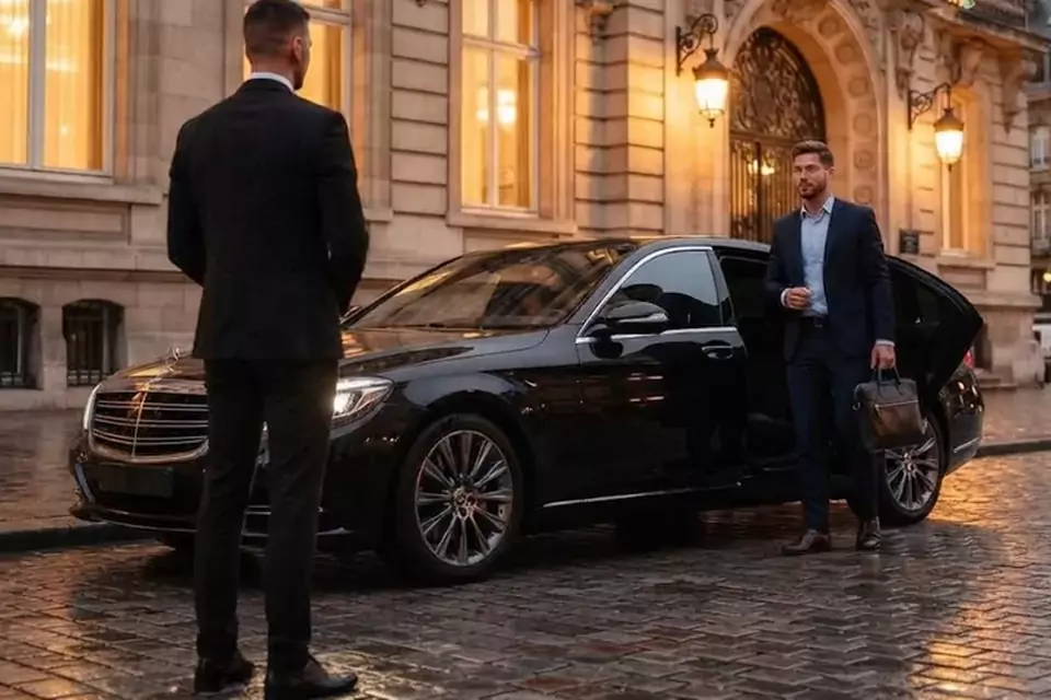 Taxi Lille Maubeuge : chauffeur et client devant un taxi noir en centre-ville