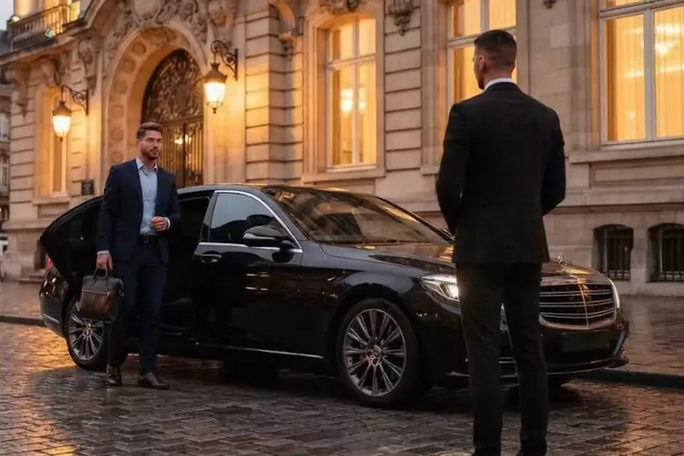 Taxi Lille Mazingarbe : chauffeur et client devant un taxi noir en centre-ville