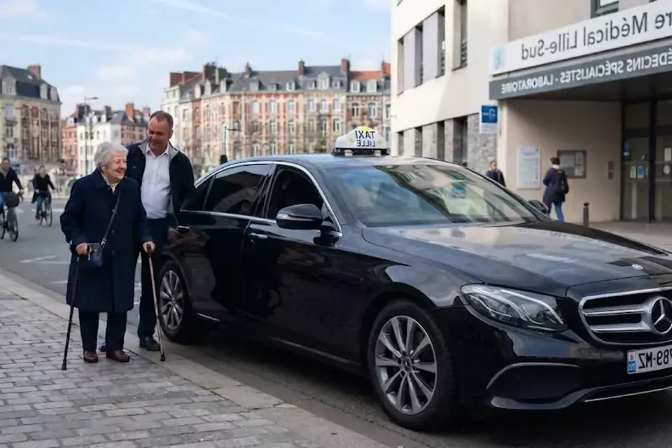 Taxi Lille Méricourt : chauffeur de taxi aidant une passagère devant un centre médical
