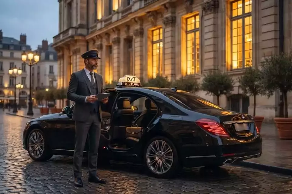 Taxi Lille Merlimont : chauffeur en tenue près d’un taxi noir stationné sur une place pavée
