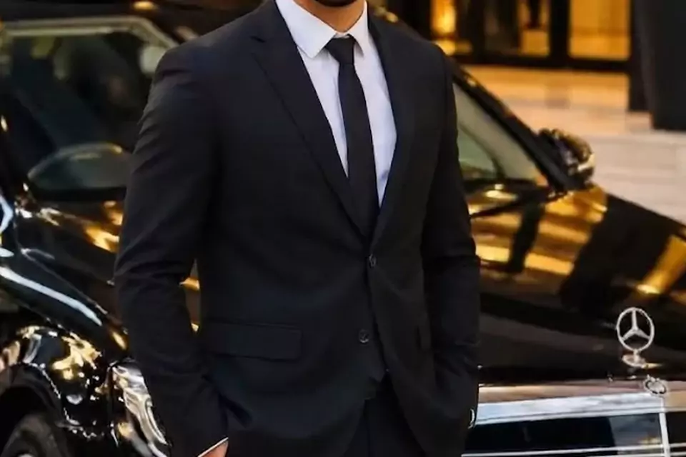 Taxi Lille Merville : chauffeur de taxi souriant devant sa berline noire