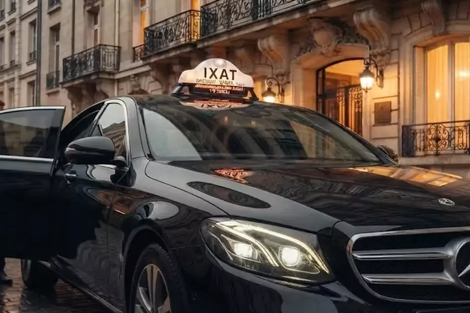 Taxi Lille Mons-en-Pévèle : berline noire avec enseigne taxi devant une façade éclairée