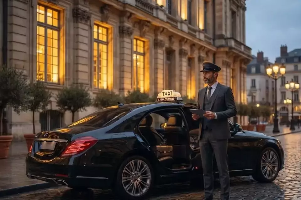 Taxi Lille Montreuil-sur-Mer : chauffeur en tenue près d’un taxi noir stationné sur une place pavée