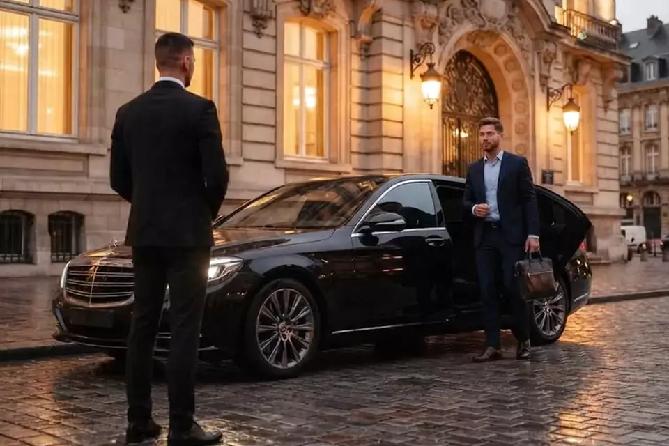 Taxi Lille Neufchâtel-Hardelot : chauffeur et client devant un taxi noir en centre-ville