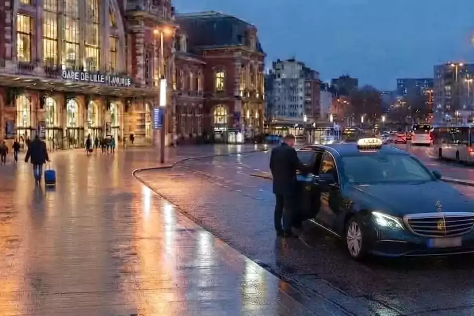 Taxi Lille Noyelles-Godault : taxi noir stationné devant une gare en soirée