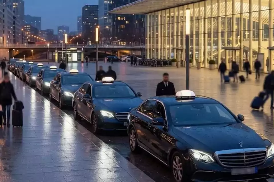 Taxi Lille Noyelles-sous-Lens : taxis noirs alignés devant une gare, prêts à prendre en charge des voyageurs