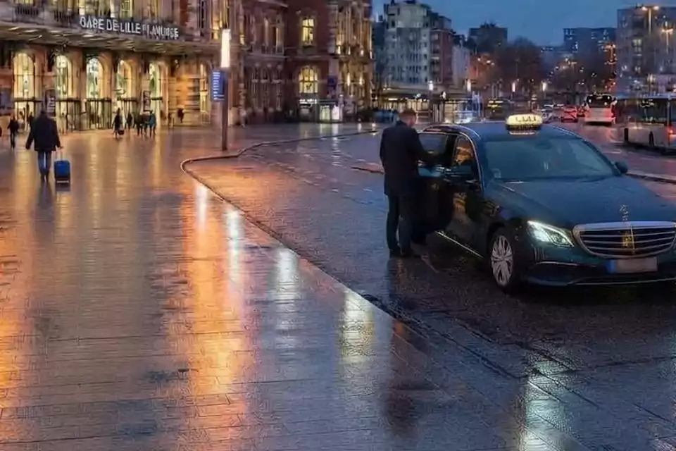 Taxi Lille Orchies : chauffeur ouvrant la portière d’un taxi devant une gare