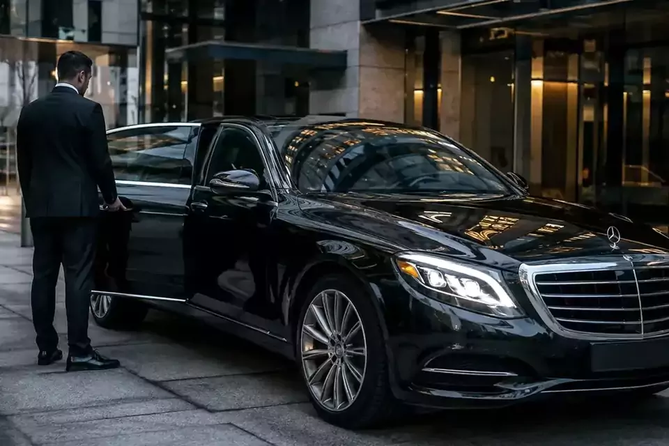 Taxi Lille Outreau : chauffeur ouvrant la portière d’une berline noire devant un hôtel