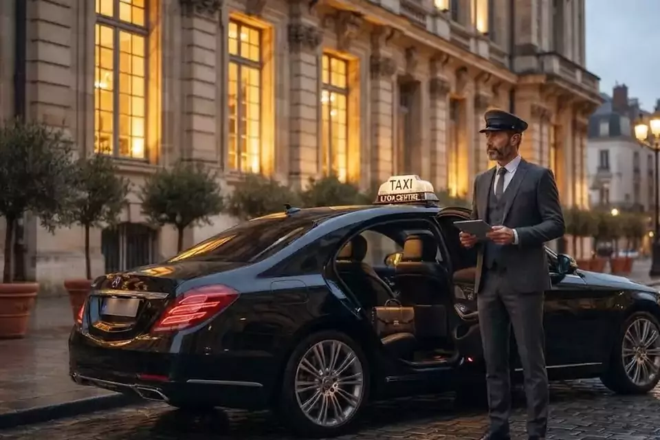 Taxi Lille Parc Astérix : chauffeur en tenue près d’un taxi noir stationné sur une place pavée
