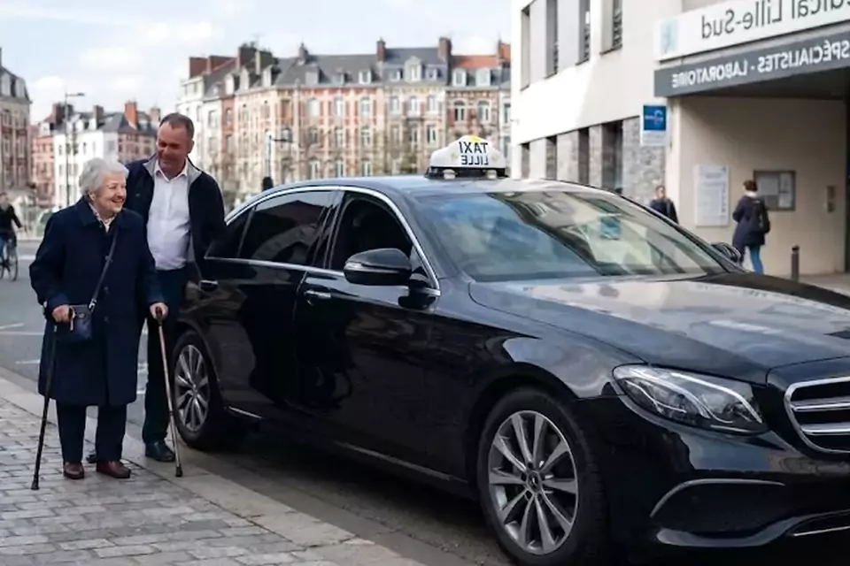 Taxi Lille Pérenchies : chauffeur de taxi aidant une passagère devant un centre médical