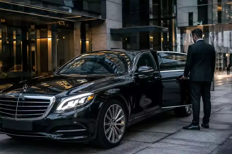 Taxi Lille Petite-Forêt : chauffeur ouvrant la portière d’une berline noire devant un hôtel