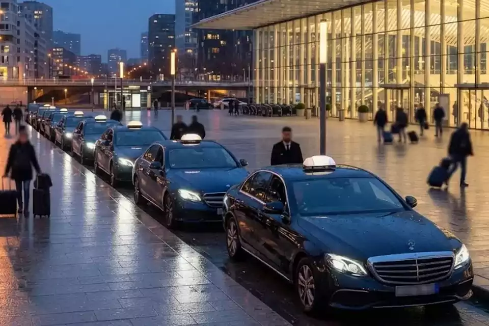 Taxi Lille Port de Dunkerque : taxis noirs alignés devant une gare, prêts à prendre en charge des voyageurs
