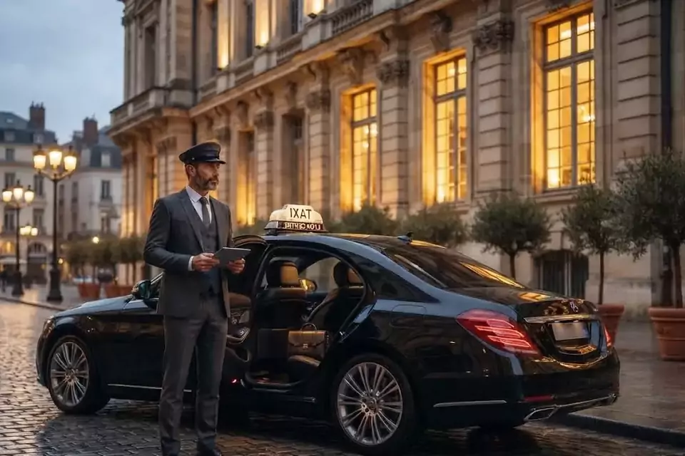 Taxi Lille Quiévrechain : chauffeur en tenue près d’un taxi noir stationné sur une place pavée
