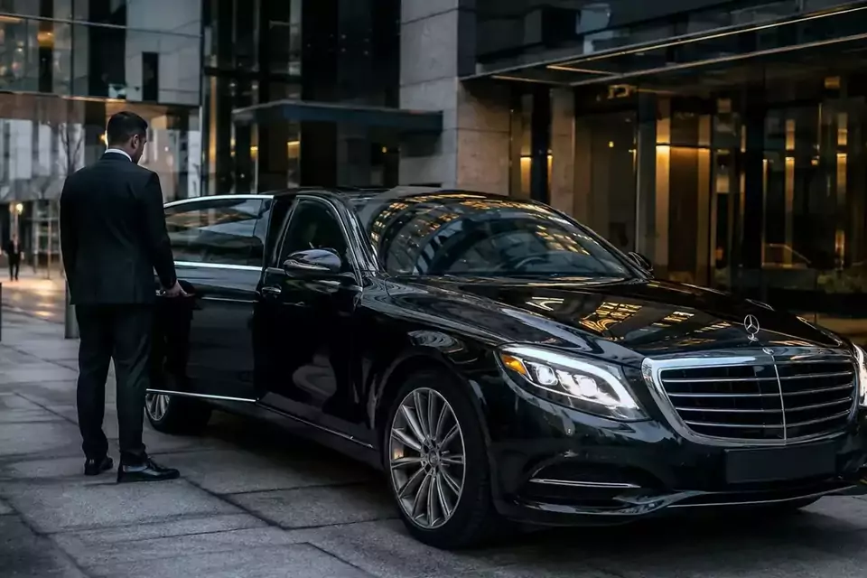 Taxi Lille Roncq : chauffeur ouvrant la portière d’une berline noire devant un hôtel