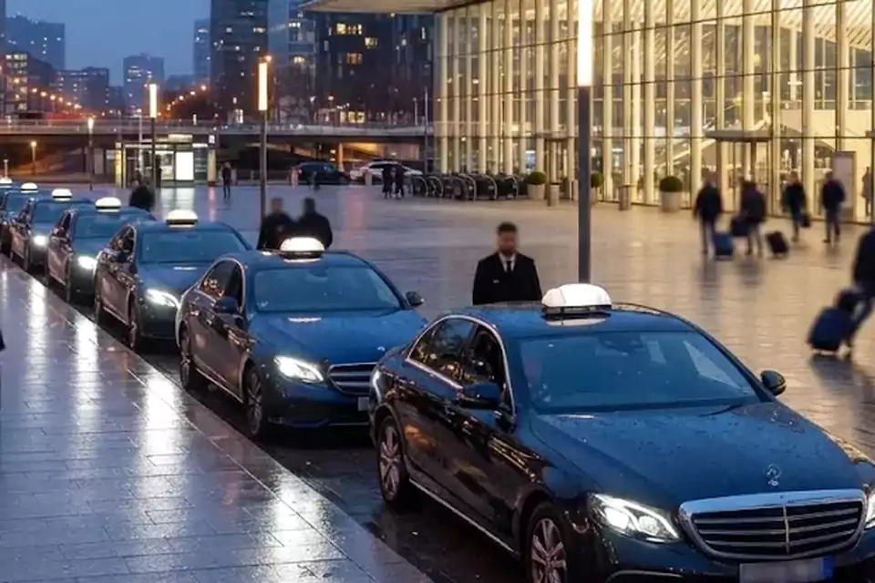 Taxi Lille Sainghin-en-Mélantois : taxis noirs alignés devant une gare, prêts à prendre en charge des voyageurs