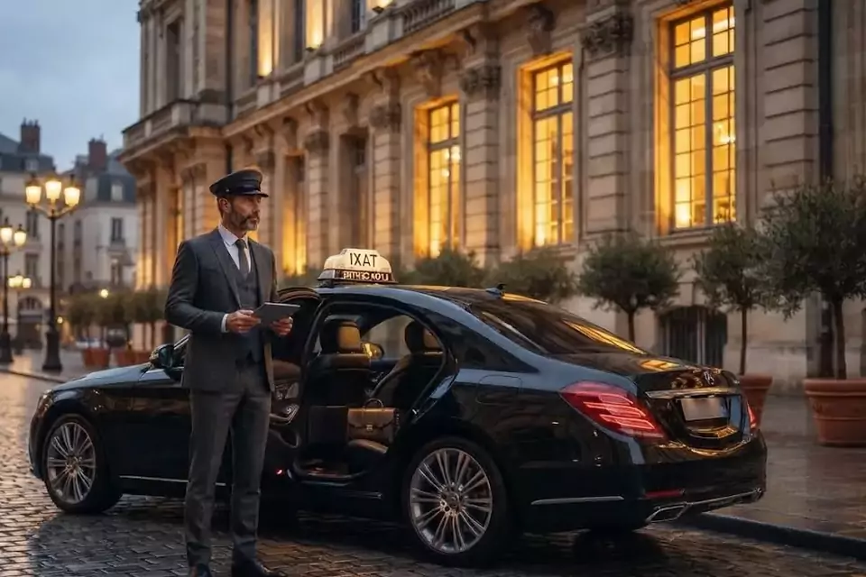 Taxi Lille Sainghin-en-Weppes : chauffeur en tenue près d’un taxi noir stationné sur une place pavée