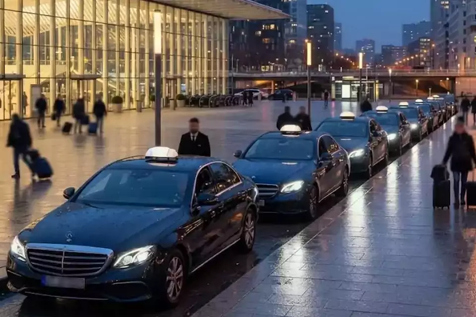 Taxi Lille Saint-Étienne-au-Mont : file de taxis noirs à la sortie d’une gare le soir