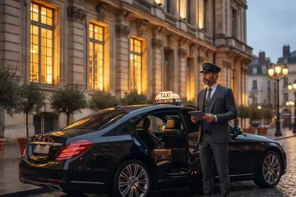 Taxi Lille Saint-Laurent-Blangy : chauffeur en tenue près d’un taxi noir stationné sur une place pavée