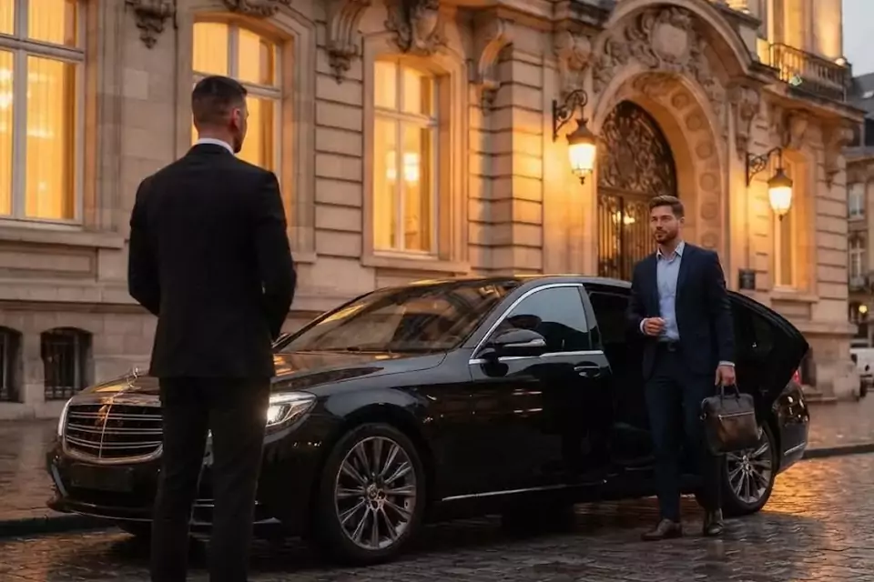 Taxi Lille Saint-Martin-Boulogne : chauffeur de taxi accueillant un client devant une berline noire