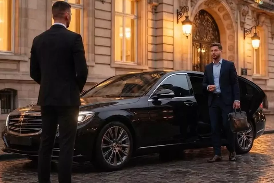 Taxi Lille Saint-Venant : chauffeur et client devant un taxi noir en centre-ville