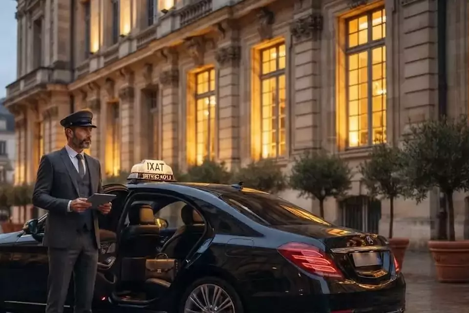 Taxi Lille Sainte-Catherine : chauffeur en tenue près d’un taxi noir stationné sur une place pavée