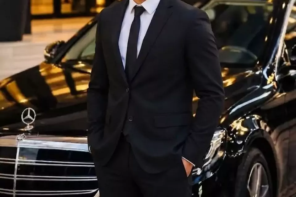 Taxi Lille Sallaumines : chauffeur de taxi souriant devant sa berline noire