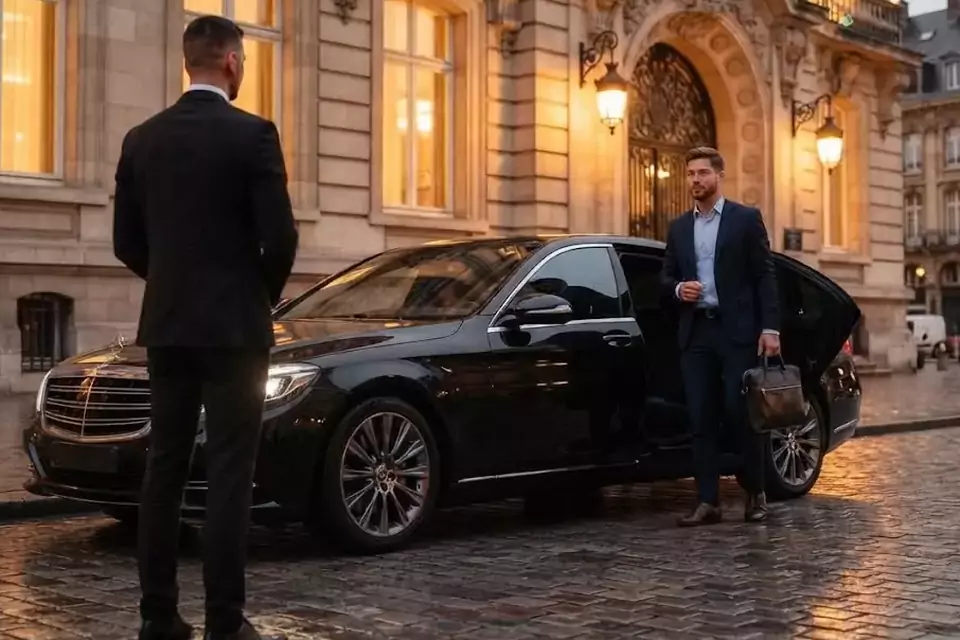 Taxi Lille Sangatte : chauffeur de taxi accueillant un client devant une berline noire