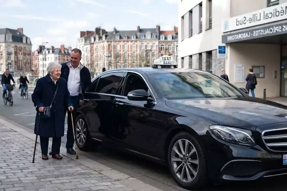 Taxi Lille Sin-le-Noble : chauffeur de taxi aidant une passagère devant un centre médical