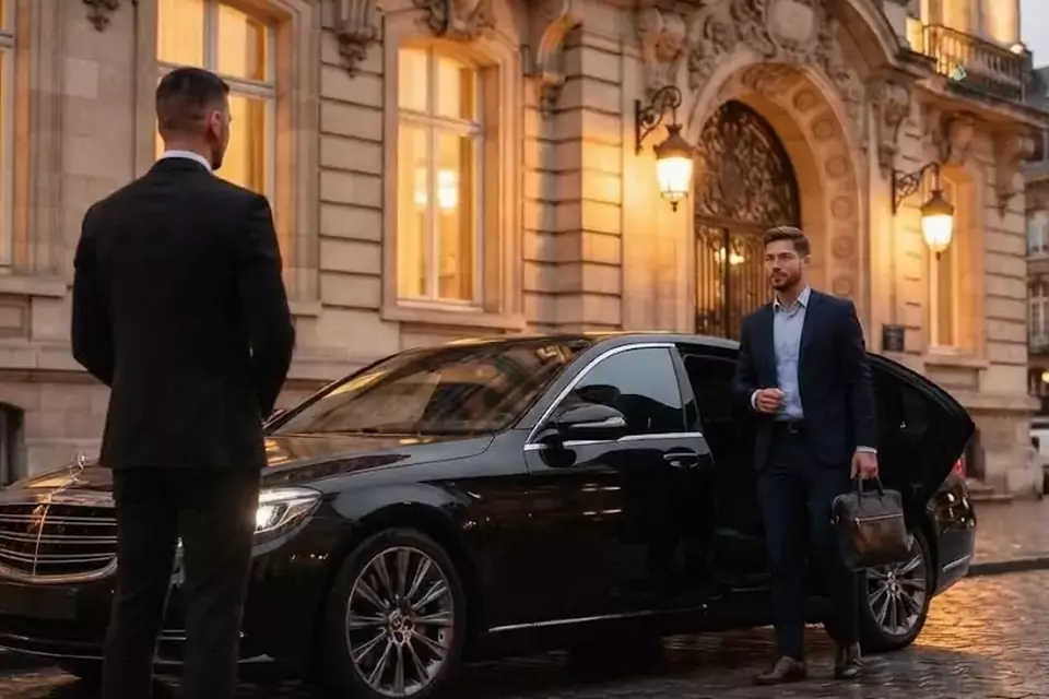 Taxi Lille Somain : chauffeur de taxi accueillant un client devant une berline noire