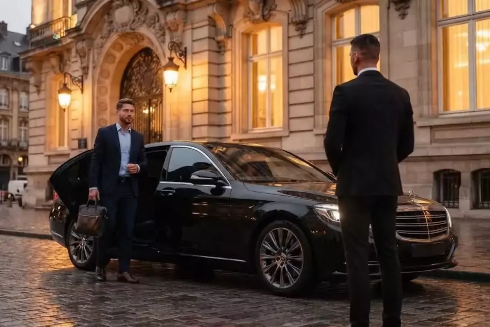 Taxi Lille Souchez : chauffeur de taxi accueillant un client devant une berline noire