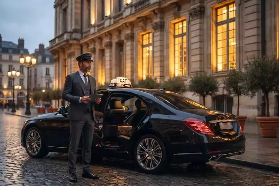 Taxi Lille Spycker : chauffeur en tenue près d’un taxi noir stationné sur une place pavée