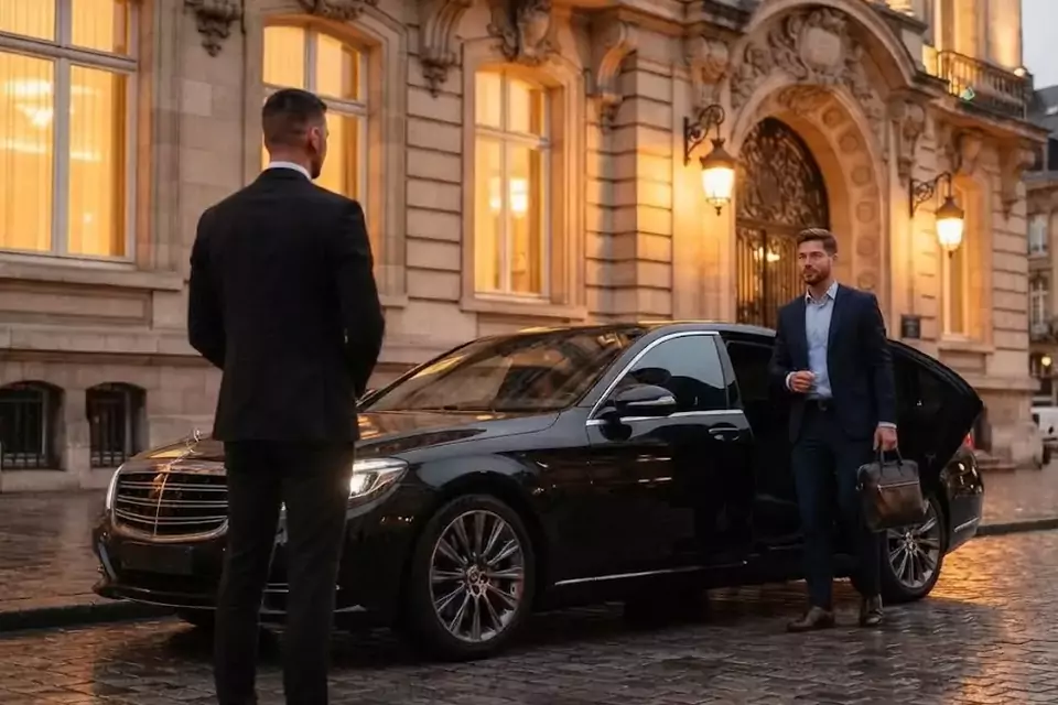 Taxi Lille Steenvoorde : chauffeur de taxi accueillant un client devant une berline noire