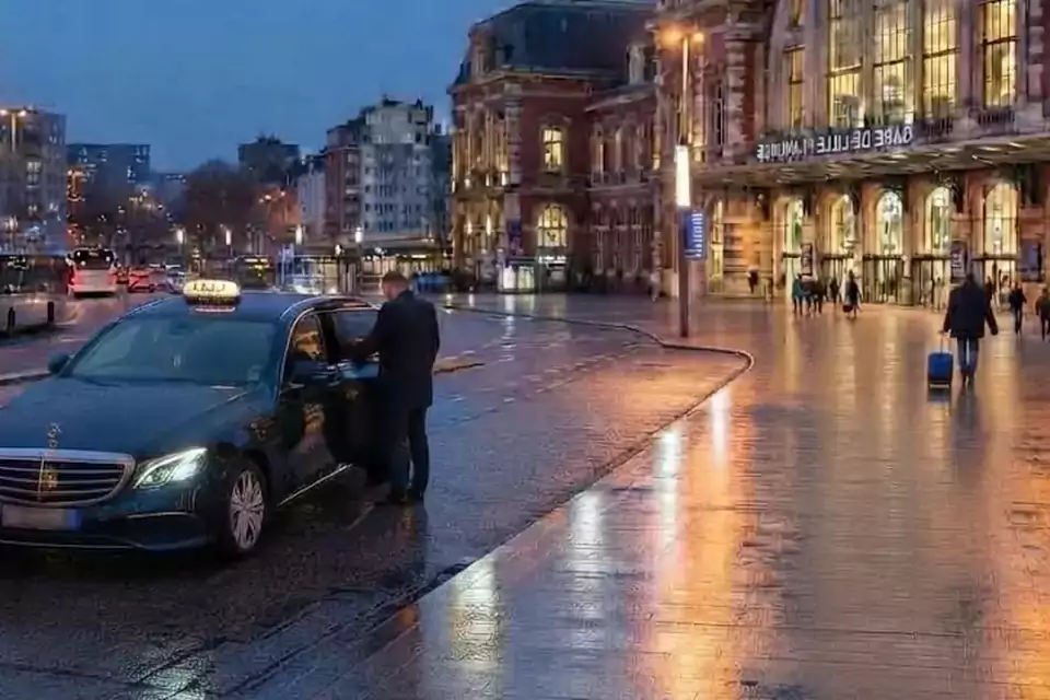 Taxi Lille Templeuve : taxi noir stationné devant une gare en soirée