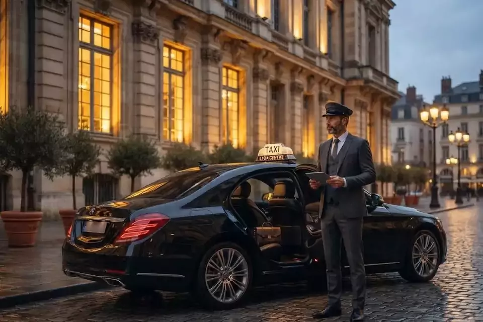 Taxi Lille Tressin : chauffeur en tenue près d’un taxi noir stationné sur une place pavée