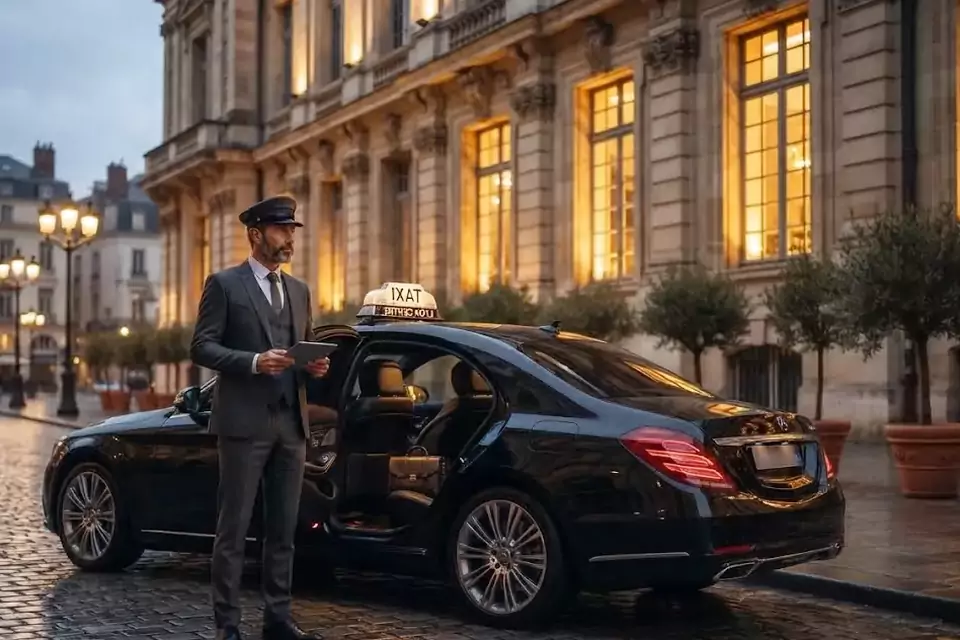 Taxi Lille Trith-Saint-Léger : chauffeur en tenue près d’un taxi noir stationné sur une place pavée