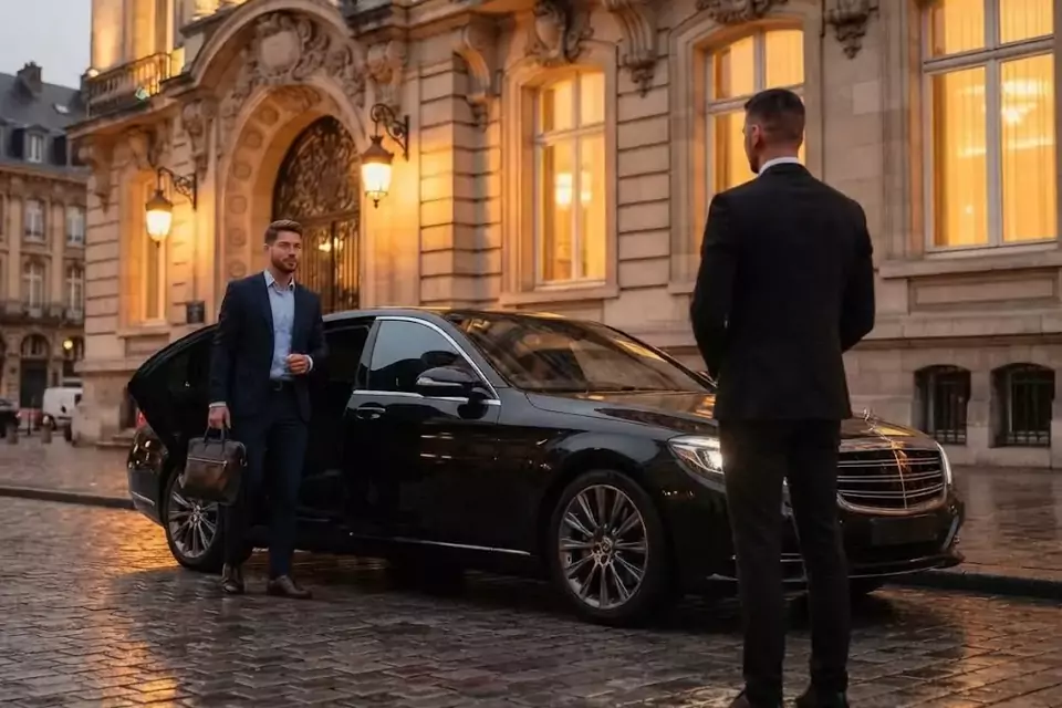 Taxi Lille Vendeville : chauffeur de taxi accueillant un client devant une berline noire