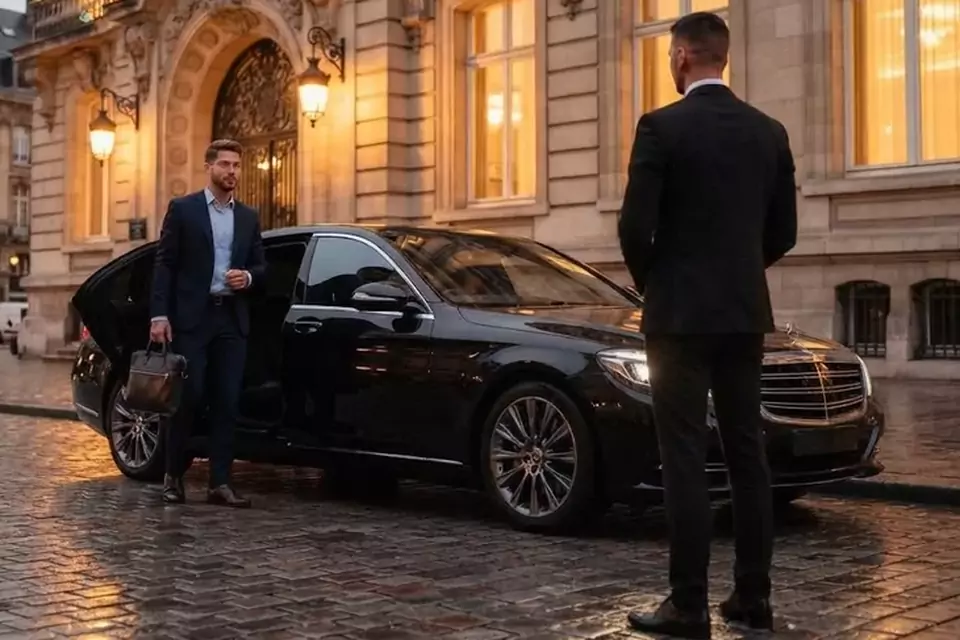 Taxi Lille Vermelles : chauffeur et client devant un taxi noir en centre-ville
