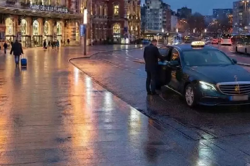 Taxi Lille Vimy : chauffeur ouvrant la portière d’un taxi devant une gare