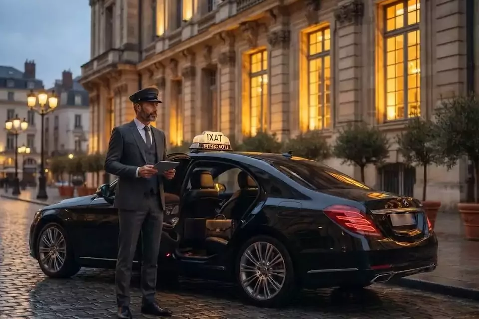 Taxi Lille Waziers : chauffeur en tenue près d’un taxi noir stationné sur une place pavée