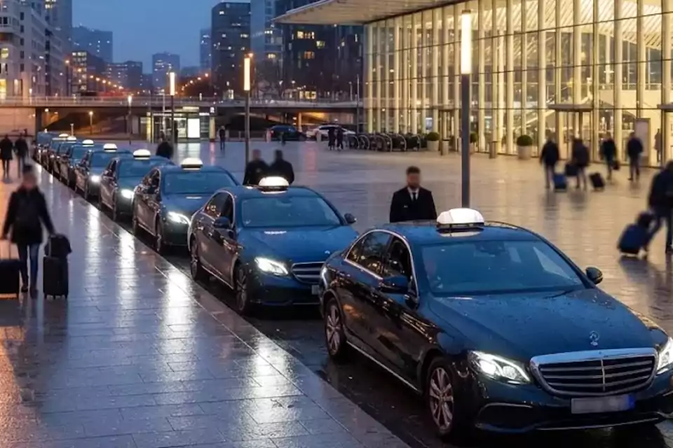Taxi Lille Wignehies : taxis noirs alignés devant une gare, prêts à prendre en charge des voyageurs