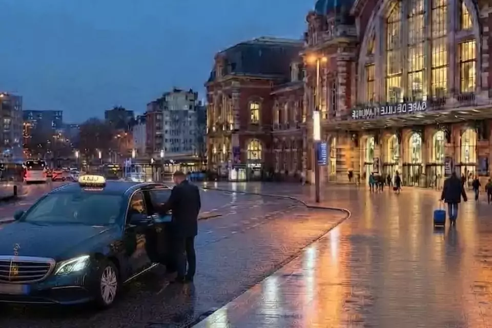 Taxi Lille Wingles : taxi noir stationné devant une gare en soirée