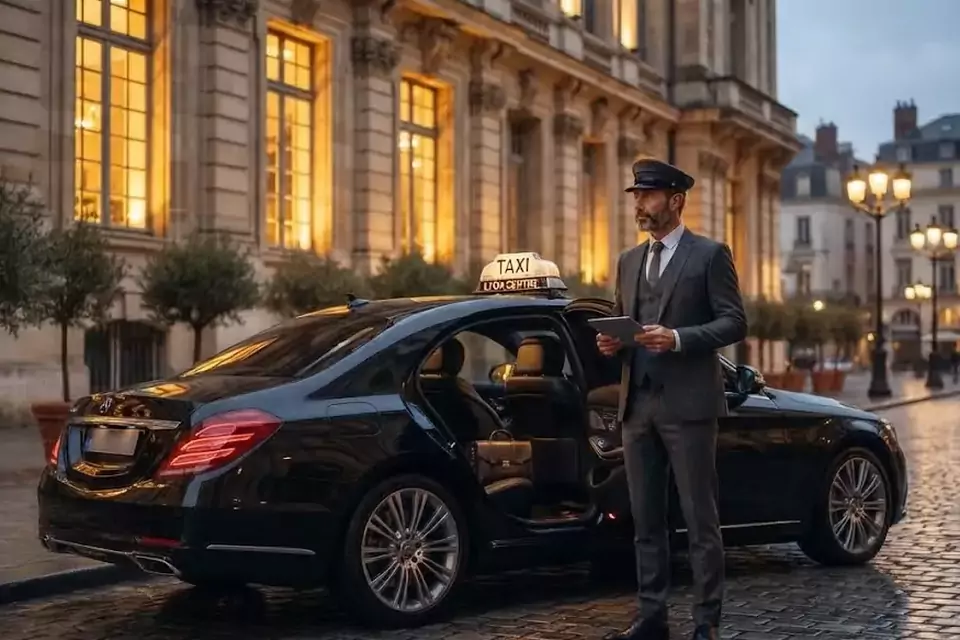 Taxi Lille Wizernes : chauffeur en tenue près d’un taxi noir stationné sur une place pavée